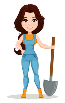 Farmer girl dressed in work jumpsuit. Cute cartoon character holding a shovel. Can be used for animation, as design element and in any farm related project. Dismantled over the layers. Vector