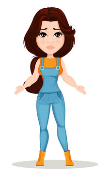 Farmer girl dressed in work jumpsuit. Cute cartoon character looks lost or disappointed. Usable for animation, as design element and in any farm related project. Dismantled over the layers. Vector