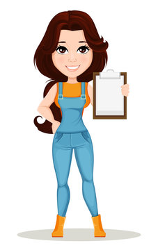 Farmer girl dressed in work jumpsuit. Cute cartoon character holding clipboard. Can be used for animation, as design element and in any farm related project. Dismantled over the layers. Vector