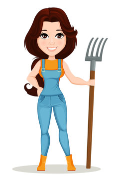 Farmer girl dressed in work jumpsuit. Cute cartoon character holding forks. Can be used for animation, as design element and in any farm related project. Dismantled over the layers. Vector