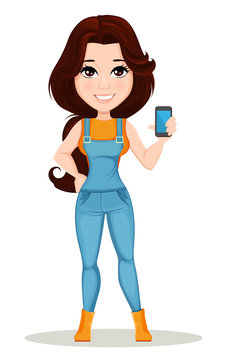 Farmer girl dressed in work jumpsuit. Cute cartoon character holding smartphone. Can be used for animation, as design element and in any farm related project. Dismantled over the layers. Vector