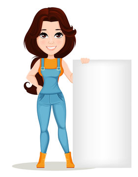 Farmer girl dressed in work jumpsuit. Cute cartoon character standing near big blank banner. Usable for animation, as design element and in any farm related project. Dismantled over the layers. Vector