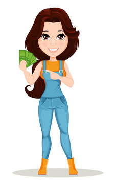 Farmer girl dressed in work jumpsuit. Cute cartoon character showing money in her hand. Can be used for animation, as design element and in any farm related project. Dismantled over the layers. Vector