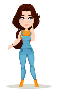 Farmer girl dressed in work jumpsuit. Cute cartoon character crying, upset. Can be used for animation, as design element and in any farm related project. Dismantled over the layers. Vector