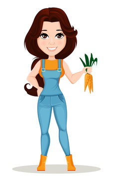 Farmer girl dressed in work jumpsuit. Cute cartoon character holding fresh carrots. Can be used for animation, as design element and in any farm related project. Dismantled over the layers. Vector