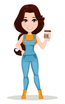 Farmer girl dressed in work jumpsuit. Cute cartoon character holding hot tasty coffee. Can be used for animation, as design element and in any farm related project. Dismantled over the layers. Vector