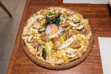 Pizza chicken teriyaki spicy with vegetables and egg