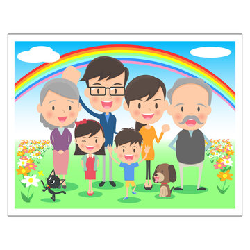 三世代　家族の記念写真　虹背景