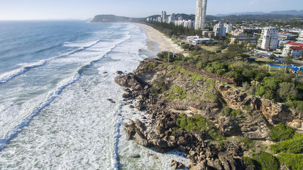 Aerial view of Miami Headland facing south looking towards Burleigh beach and headland. Gold Coast,...