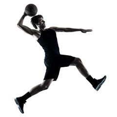 one caucasian basketball player man isolated in silhouette shadow on white background