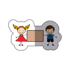 sticker colorful caricature couple boy with curly hair and girl with dress and banner vector illustration