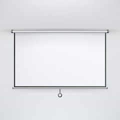 Meeting Projector Screen Vector. Hanging Projection Screen Isolated On White. Empty Presentation Board, Blank Whiteboard For Conference.