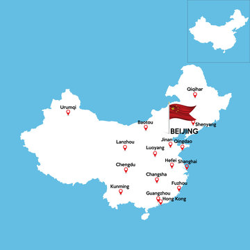 A detailed map of China with indexes of major cities of the country. National flag of the state. Vector illustration.