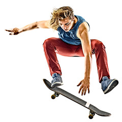 one caucasian skateboarder young teenager man skateboarding isolated on white background