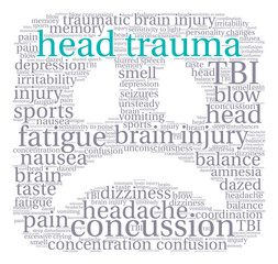 Head Trauma Word Cloud on a white background. 