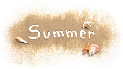 Word summer written in sand beach on white background