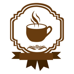brown border heraldic decorative ribbon with cup and smoke coffee vector illustration