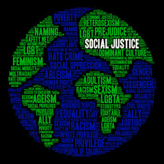 Social Justice Word Cloud on a black background.