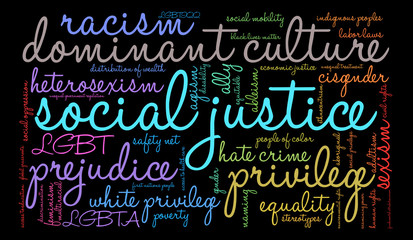 Social Justice Word Cloud on a black background.