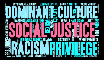 Fototapeta premium Social Justice Word Cloud on a black background.
