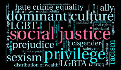 Social Justice word cloud on a black background.