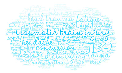 Traumatic Brain Injury Word Cloud on a white background. 