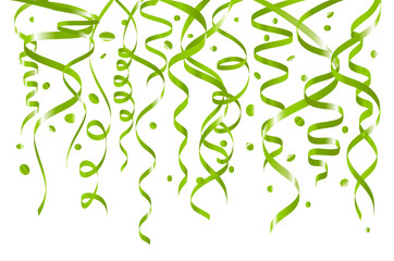 Birthday white background with curling streamers and confetti, illustration. tinsel vector green
