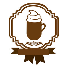 brown border heraldic decorative ribbon with mug of cappuccino with cream vector illustration