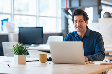 Smiling young businessman working on a laptop in an office