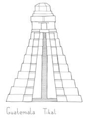 Hand drawn architecture sketch illustration of Guatemala Tikal Mayan pyramid with lettering vector