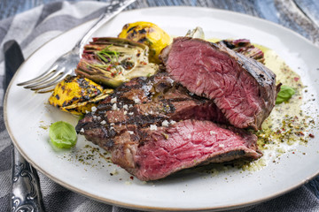 Barbecue Prime Rib Steak with Artichoke Hearts and Pattypan Squashes