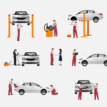 A flat set of auto repair icons, workers in the process of repairing cars and tires, replacing car parts, isolated vector illustration