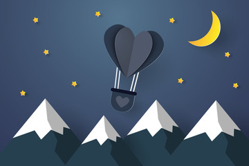 Obraz premium Hot air balloons in the shape of a heart flying over mountain in the night sky , moon , stars and meteor , paper art style