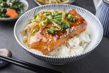 Traditional Japanese Salmon Teriyaki Donburi with Rice and Vegetable