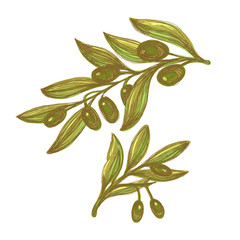 Set of two hand drawn olive branches with green olives