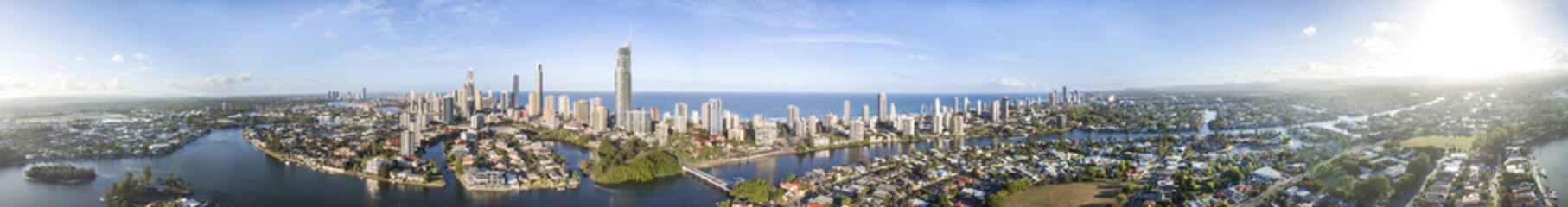 Fototapeta premium 360 degree aerial panorama of Surfers Paradise Gold Coast and waterways at sunset