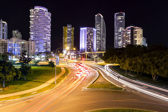 Broadbeach cityscape and night traffic trails