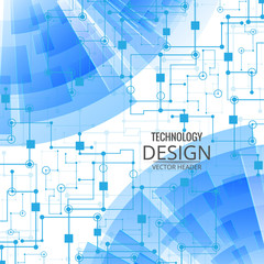 Technological background with blue transparent geometric shapes, lines and dots