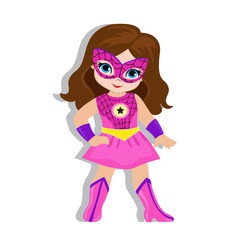 Illustration cute girl in the costume of a superhero. Vector illustration isolated on white background.