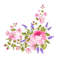 Blooming spring flowers garland of purple roses, sakura and lavender. Label with rose and lavender flowers. Vector illustration.