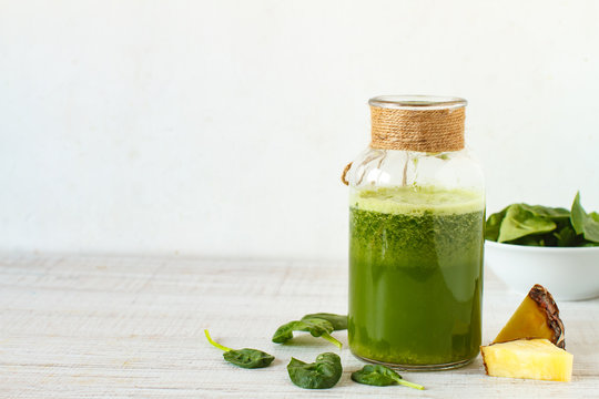 Homemade Green Smoothie With Pineapple, Spinach, Nettle And Ginger