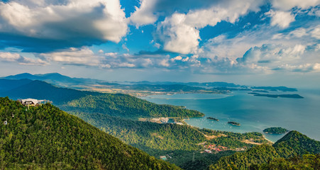 Panoramic view of blue sky, sea and mountain seen from Cable Car viewpoint, Langkawi, Malaysia....