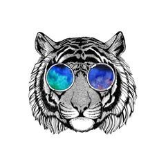 Wild tiger wearing hippie glasses Hipster animal Image for tattoo, logo, emblem, badge design