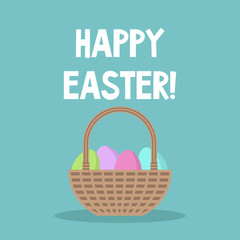 Happy easter conceptual illustration. Wicker basket full of painted eggs / flat editable vector illustration, clip art