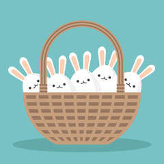 Fototapeta premium Happy easter conceptual illustration. Wicker basket full of easter bunnies / flat editable vector illustration, clip art