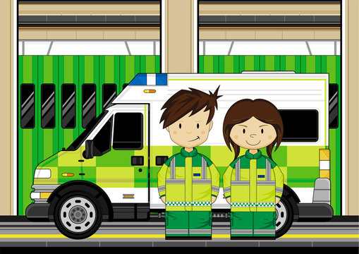 Cute Cartoon Ambulance and EMT Medics