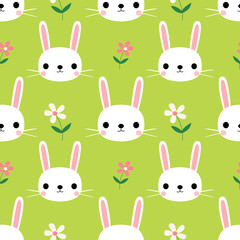Cute seamless pattern with bunnies and flowers on green background for Easter and spring, for textile and paper