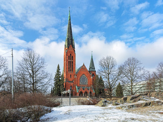 St. Michael's Church in Turku in winter, Finland. It's named after Archangel Michael and was finished in 1905 by design of the Finnish architect Lars Sonck in the neogothic style.