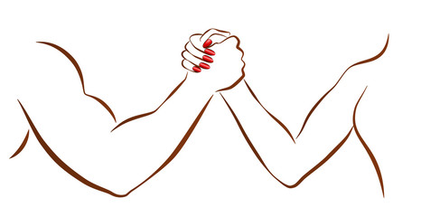 Arm wrestling of man and woman as a symbol for battle of the sexes or gender fight. Isolated vector illustration on white background.