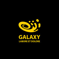 Galaxy logo template. Flat yellow on black abstract spiral symbol.